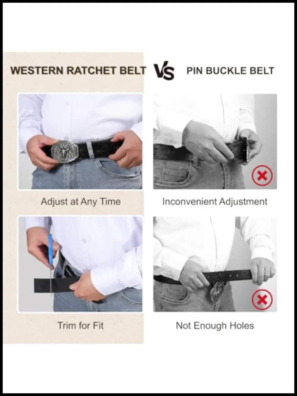 Men's Western Ratchet Cowboy Belt with Automatic Buckle, Adjustable Leather